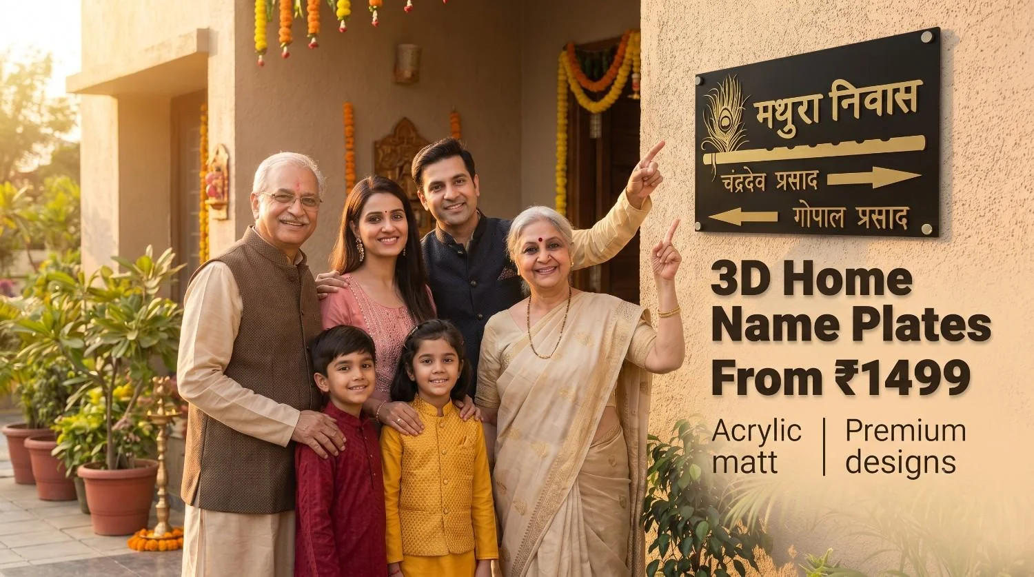 Three generation Indian family standing in home courtyard gesturing to custom 3D acrylic home name plate on entrance wall