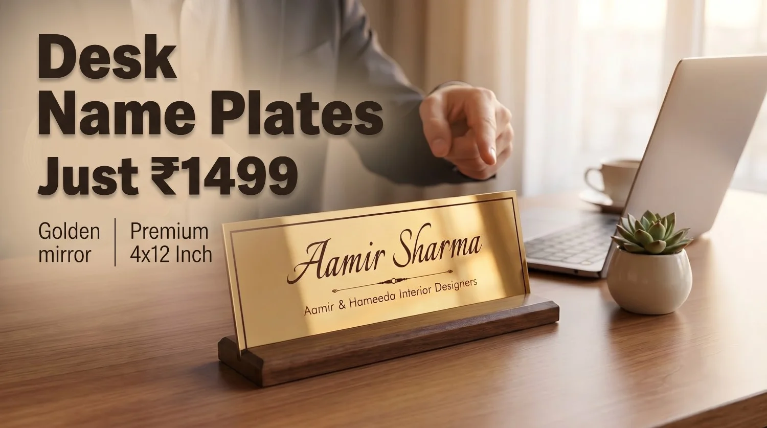 Professional in business suit pointing to customized golden mirror acrylic desk name plate on luxury wooden office table