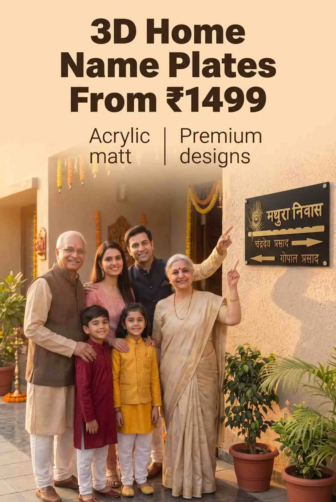 3D Embossed Acrylic Home Name Plates with Matte Finish Three generation Indian family standing in home courtyard gesturing to custom 3D acrylic home name plate on entrance wall