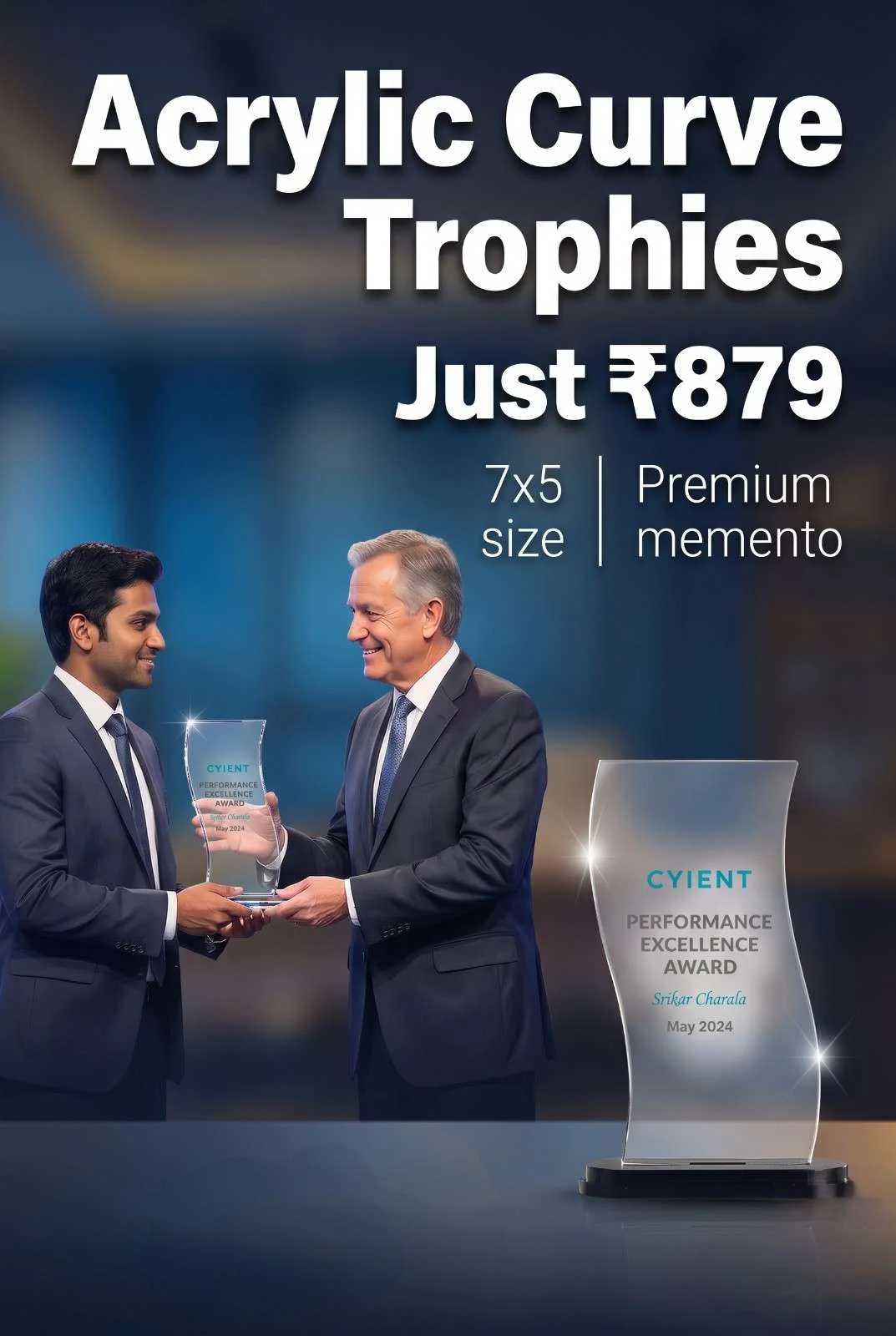 Laser Engraved Curved Acrylic Trophies for Excellence Awards Senior executive presenting curved transparent acrylic excellence award plaque to smiling young corporate achiever