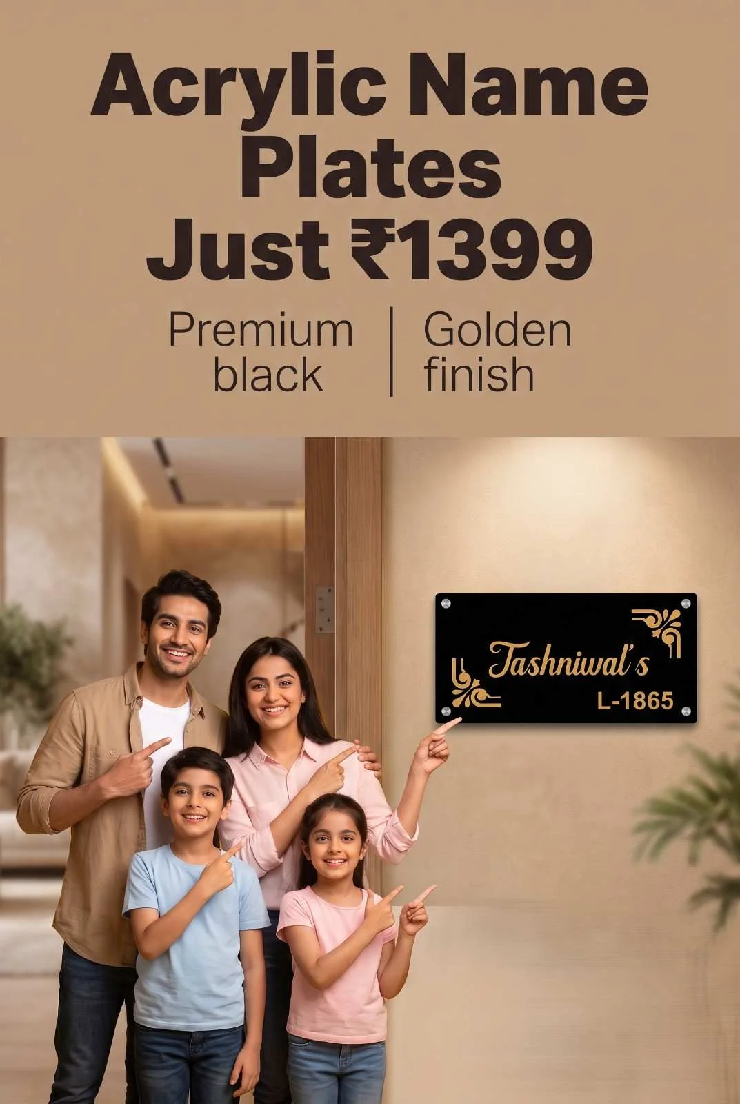 Luxury Glossy Black and Gold Acrylic House Name Plate Happy family standing near front door pointing toward modern glossy black acrylic name plate with gold lettering