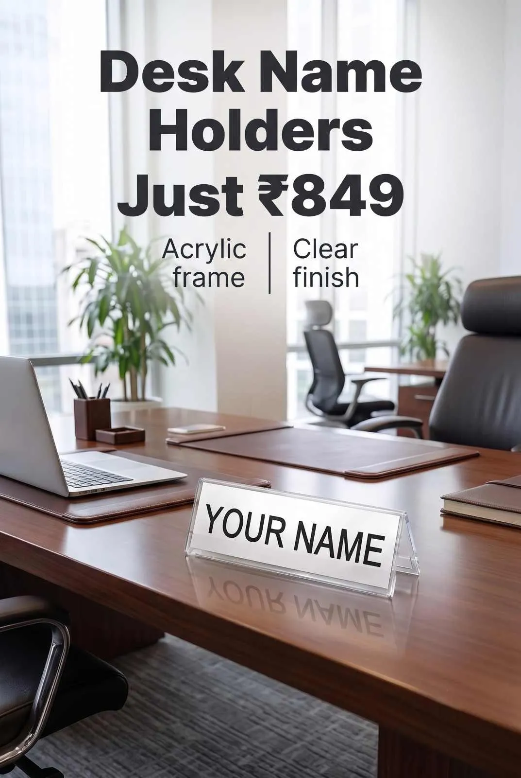 Clear Acrylic Slanted Desk Name Plate Holders for Office Workstations Minimalist clear acrylic slanted desk name plate holder sitting on polished wooden conference table next to laptop