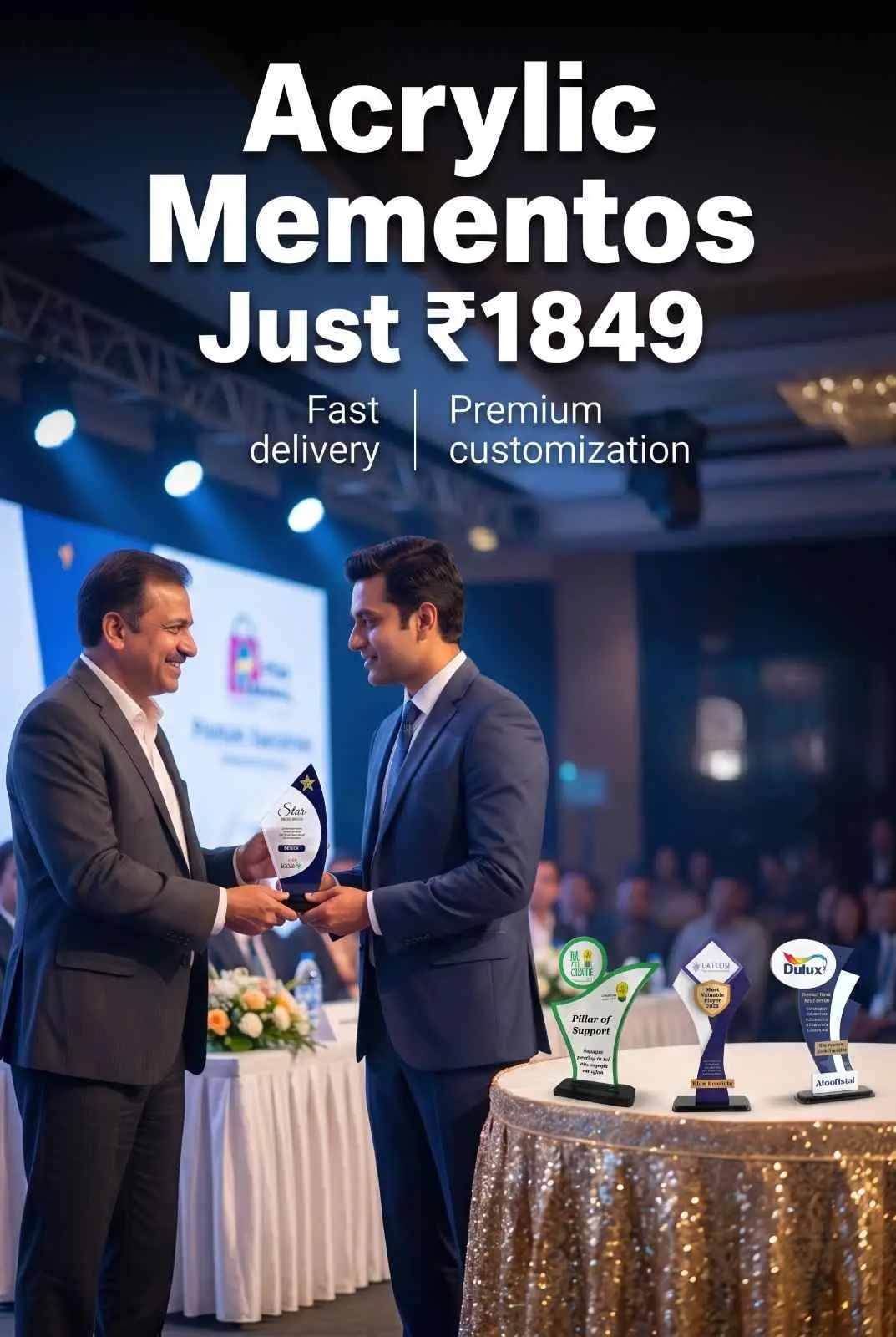 Corporate Award Ceremony Acrylic Mementos with Custom Logo Corporate professionals exchanging custom branded acrylic awards and trophies during prestigious annual conference ceremony