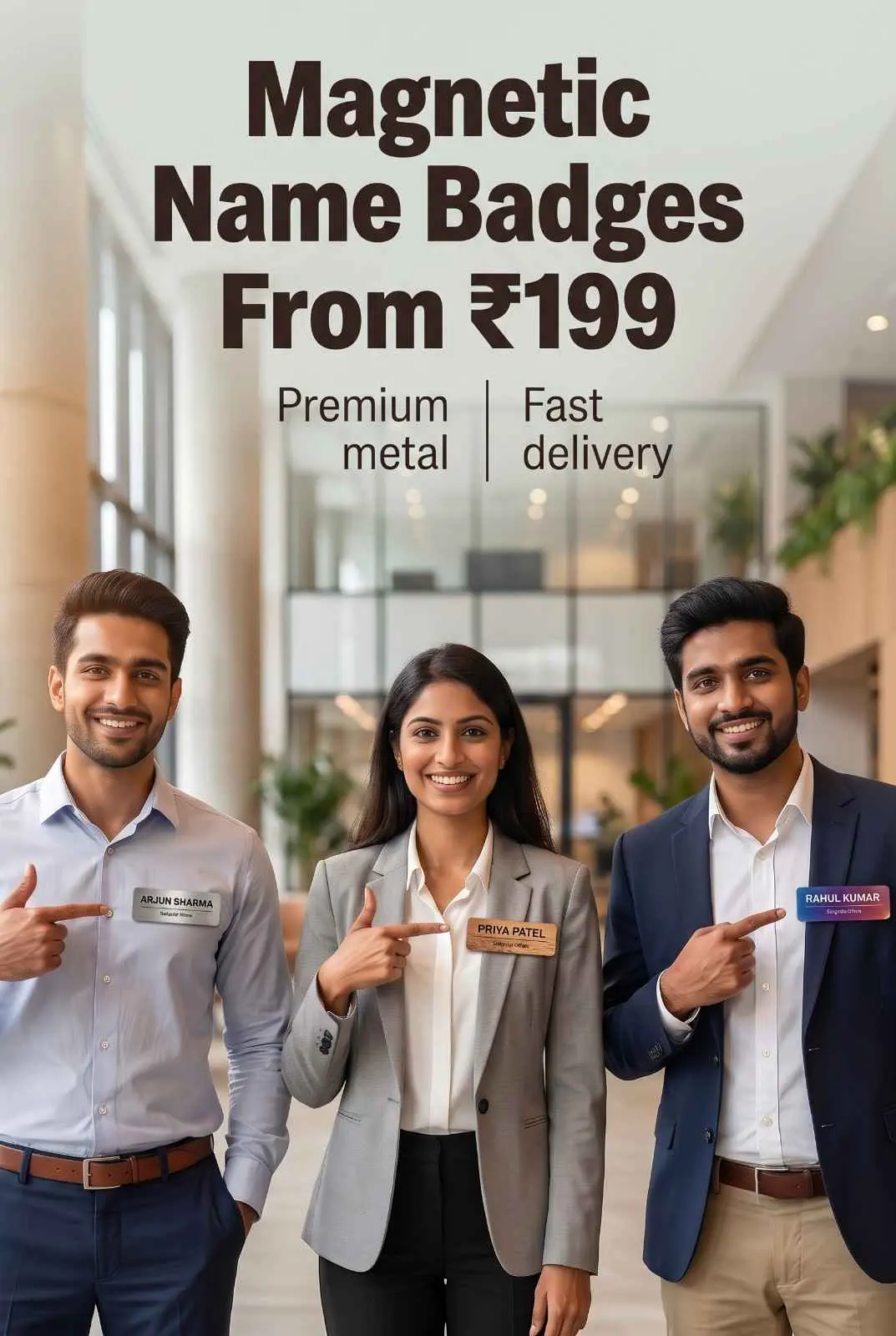 Premium Corporate Magnetic Name Badges with Strong Backing Three professional colleagues in lobby wearing and displaying customized brushed metal and wooden magnetic name tags