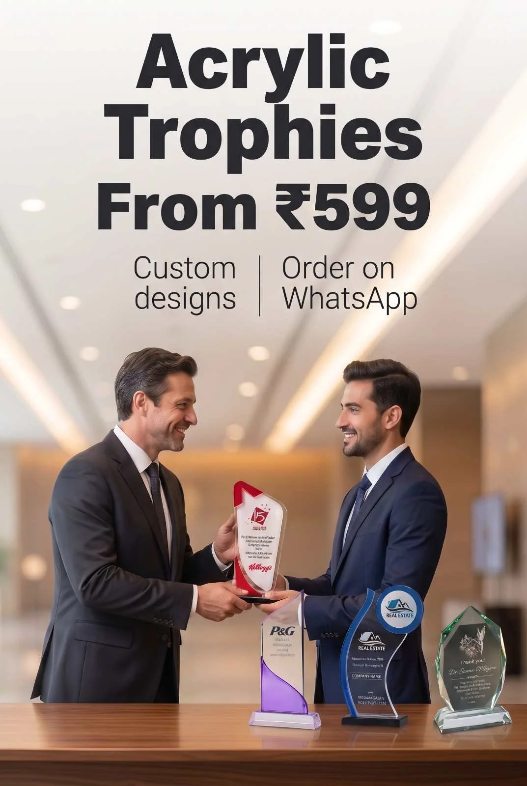 Custom Corporate Acrylic Trophies for Outstanding Performance Corporate colleagues congratulating each other and presenting modern geometric acrylic recognition awards on table