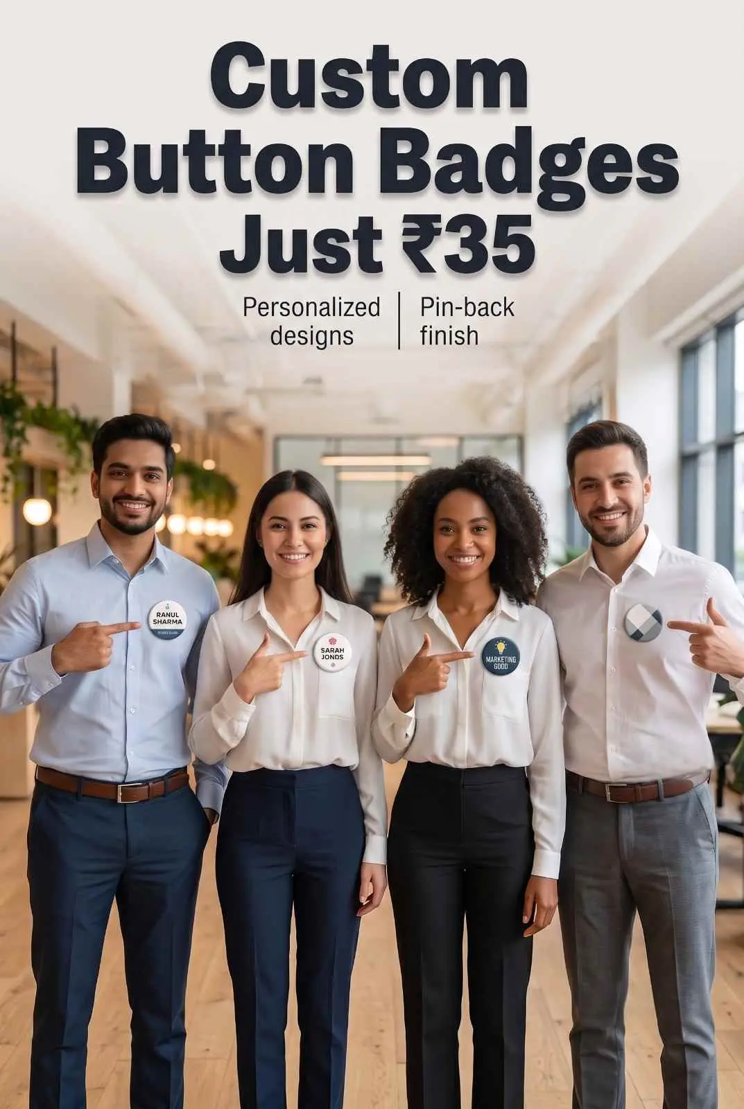 Custom Pin-Back Button Badges for Events and Marketing Teams Diverse marketing team in office shirts proudly pointing to personalized round pin-back button badges on their shirts