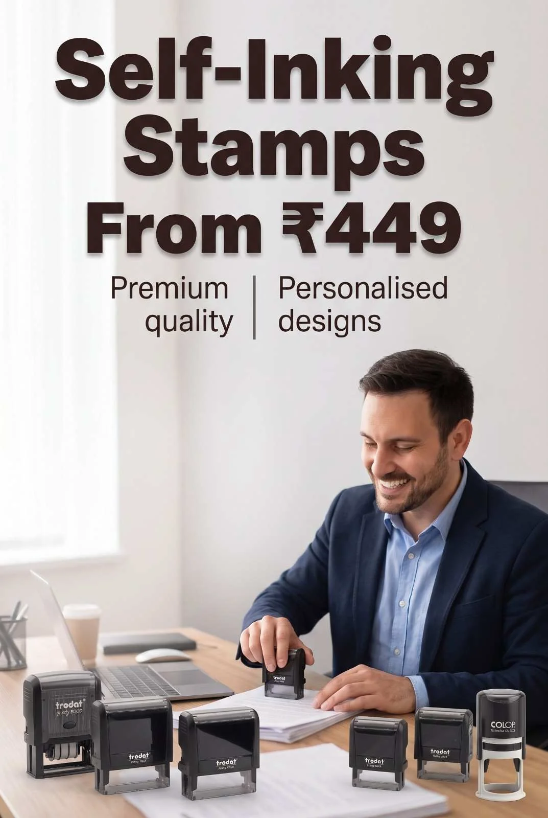 Trodat & Colop Self-Inking Rubber Stamps for Rapid Document Processing Professional stamping contracts on modern wooden desk with collection of black and red Trodat self-inking stamps