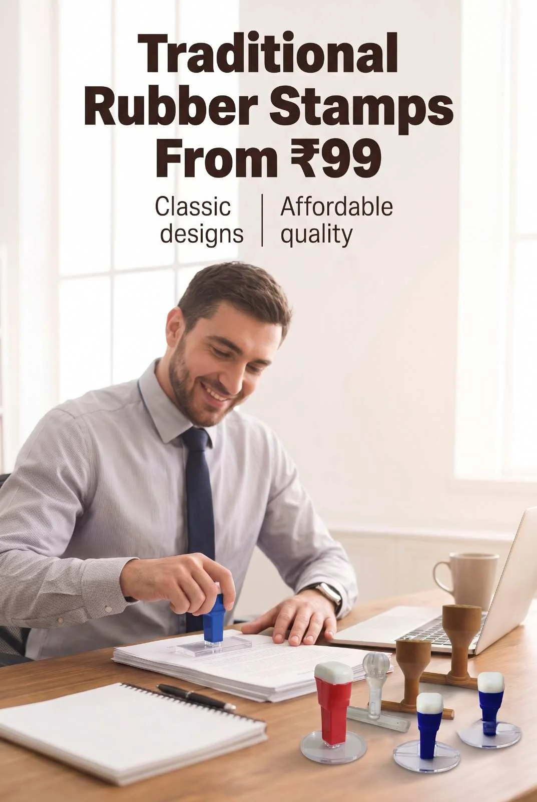 Custom Traditional Rubber Stamps with Ink Pad Compatibility Corporate professional pressing blue custom rubber stamp on document with traditional wooden and acrylic handle stamps