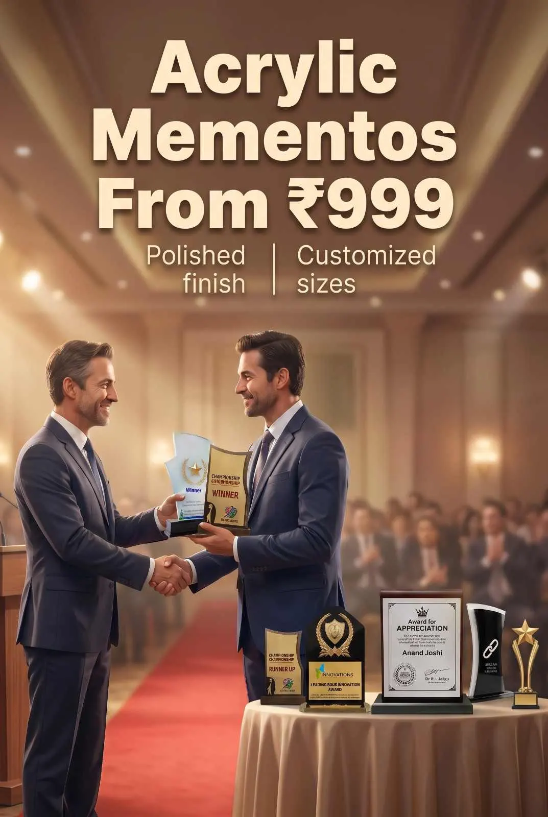 Customized Acrylic Mementos and Gala Honor Plaques Business dignitaries shaking hands on formal gala stage with customized acrylic awards and mementos on presentation table