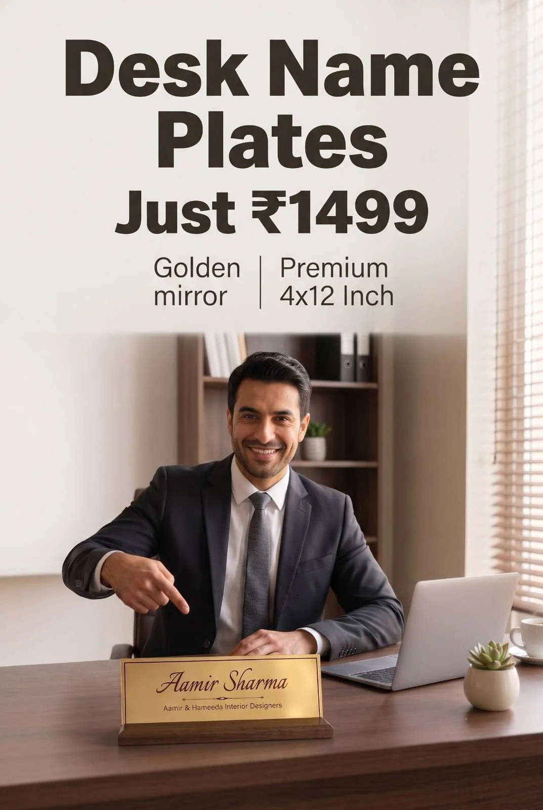 Executive Golden Mirror Name Plate for Office Table Smiling business professional at modern desk pointing towards gold mirror executive name plate with mahogany base