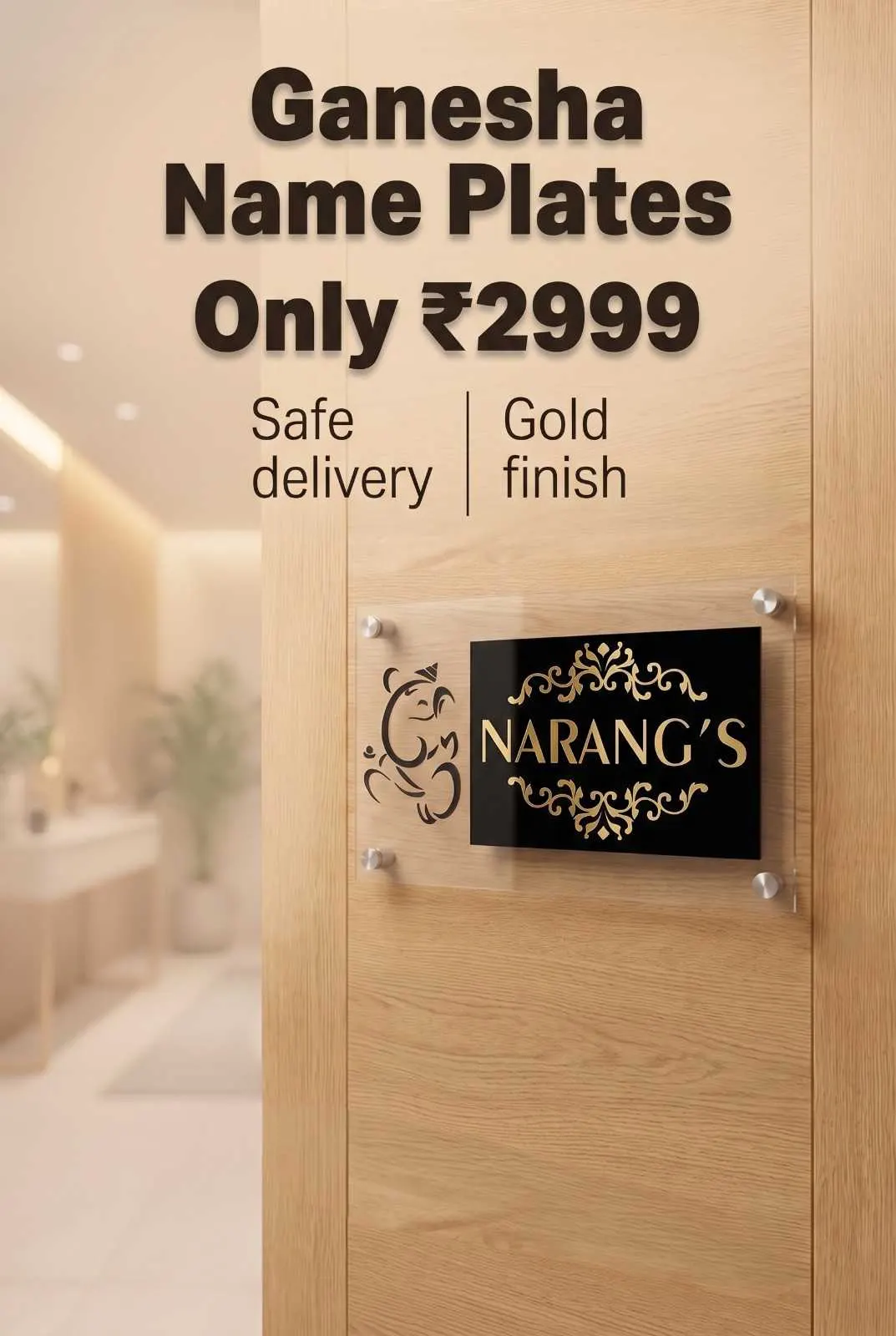 Lord Ganesha Acrylic House Name Plate with Gold Floral Borders Glossy black acrylic name plate adorned with golden Ganesha motif and ornate filigree mounted with metal standoffs on door