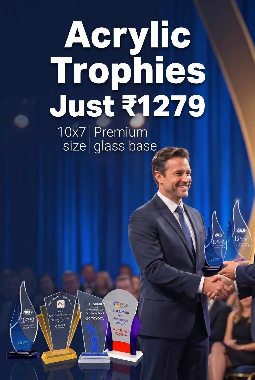 Heavy Glass Base Acrylic Trophies and Corporate Plaque Awards Executives congratulating recipient with flame-shaped and sail-shaped acrylic trophies set into heavy beveled glass bases