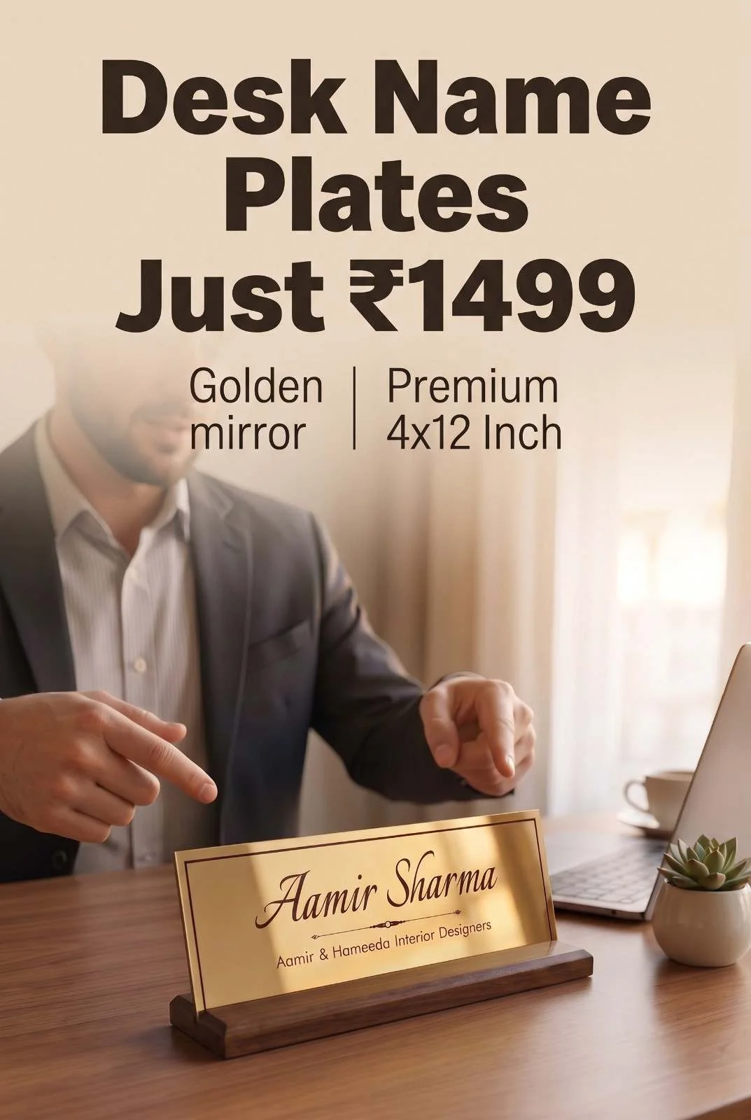 Golden Mirror Acrylic Desk Name Plate with Wooden Stand Professional in business suit pointing to customized golden mirror acrylic desk name plate on luxury wooden office table