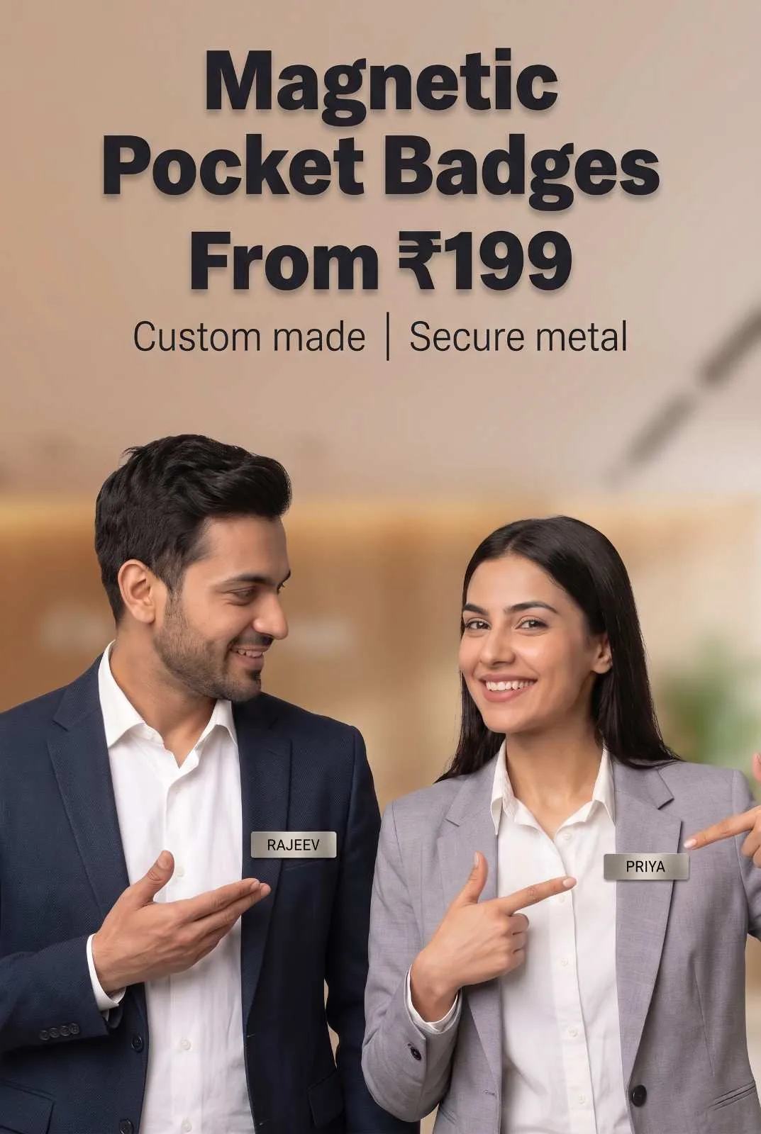 Magnetic Metal Pocket Name Badges for Corporate Staff Corporate colleagues in smart business suits gesturing toward their brushed metal magnetic pocket name tags