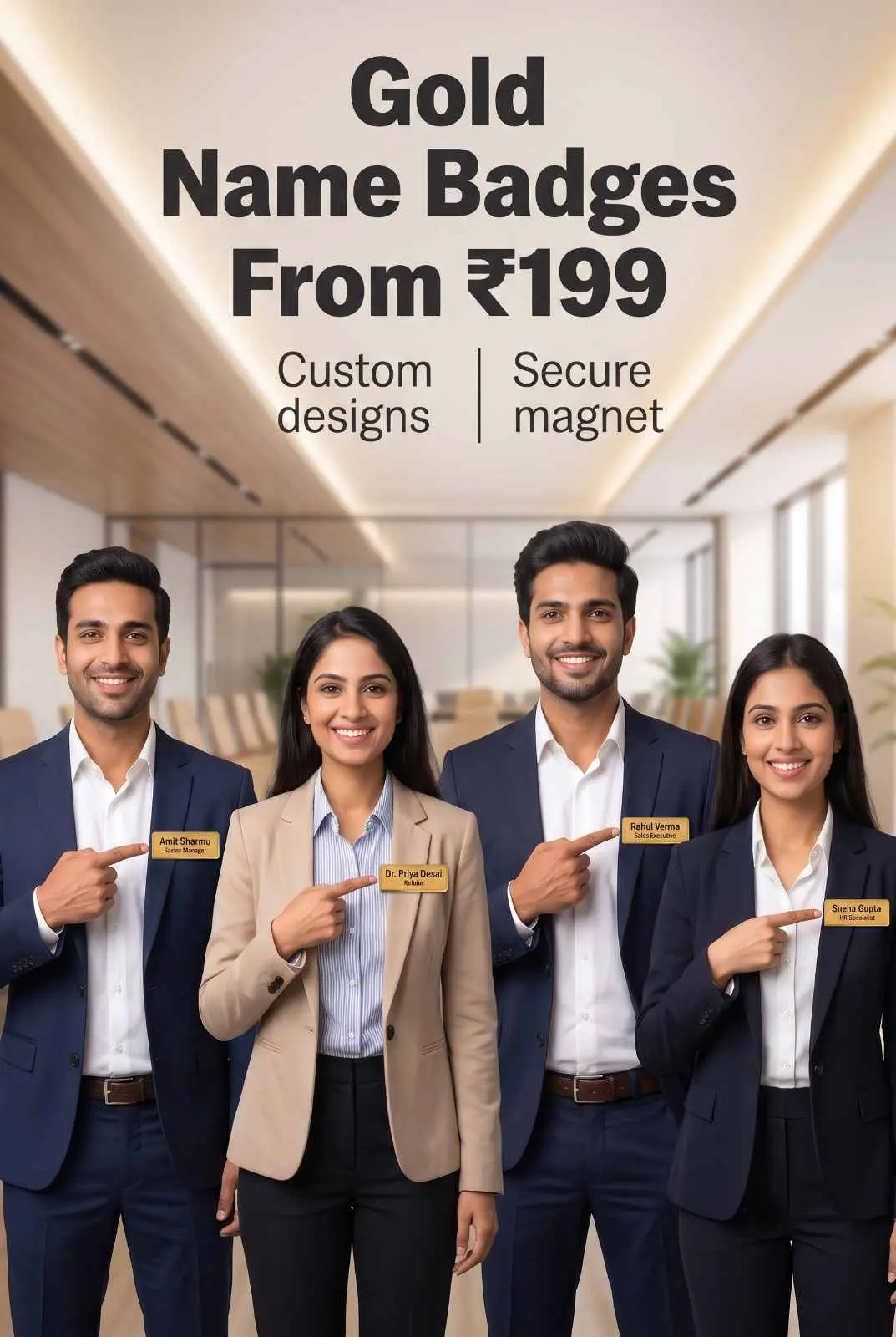 Personalized Gold Metal Magnetic Name Badges for Executives Team of executive professionals in navy blazers pointing to metallic gold engraved magnetic name badges on lapels