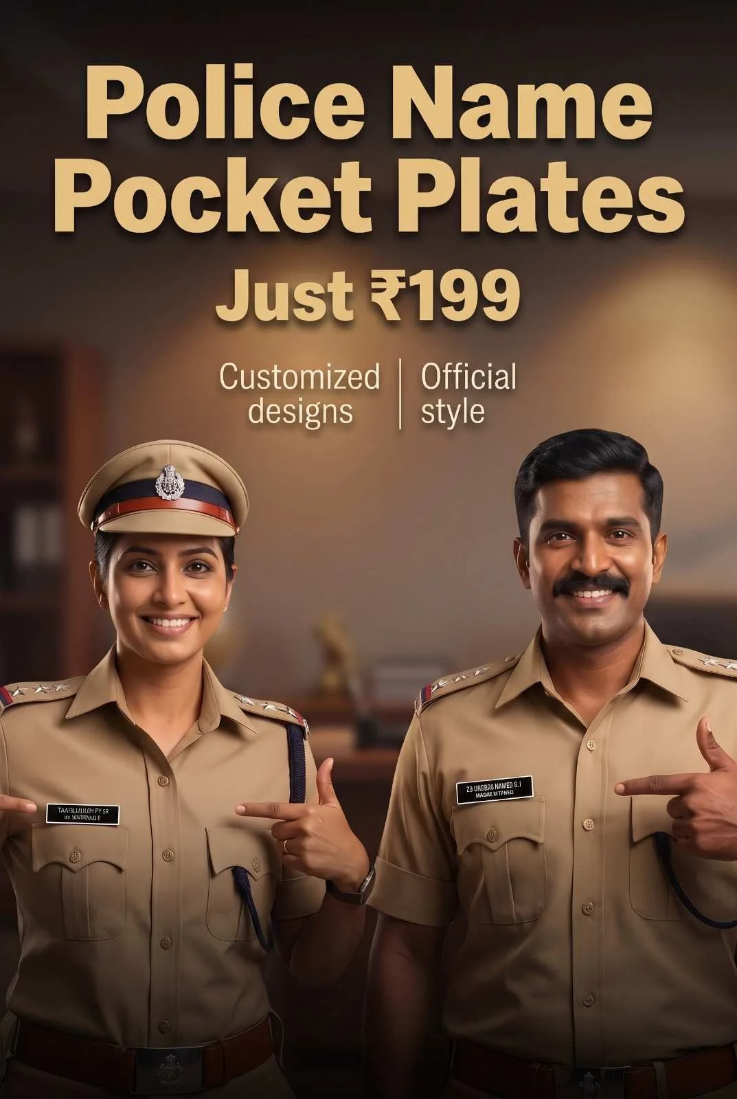 Official Police Uniform Pocket Name Plates with Custom Engraving Male and female police officers in uniform pointing proudly to their custom engraved black pocket name plates
