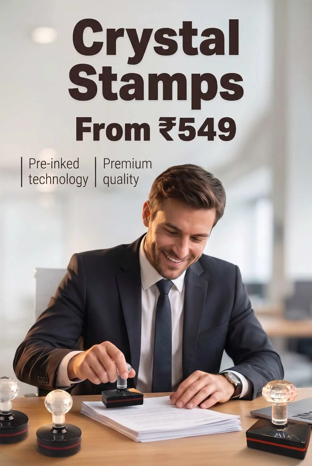 Premium Crystal Handle Pre-Inked Stamps for Office Verification Smiling business professional at corporate desk stamping papers with transparent crystal handle pre-inked stamp