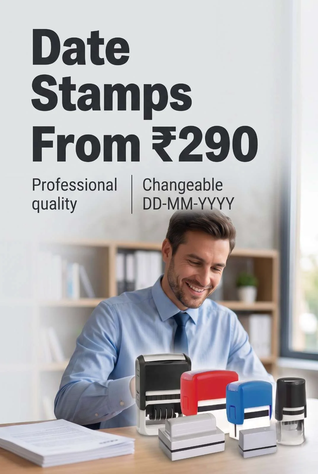 Professional Rotary Date Rubber Stamps for Office Paperwork Smiling business manager stamping date onto corporate invoice with multi-colored date stamp devices on desk