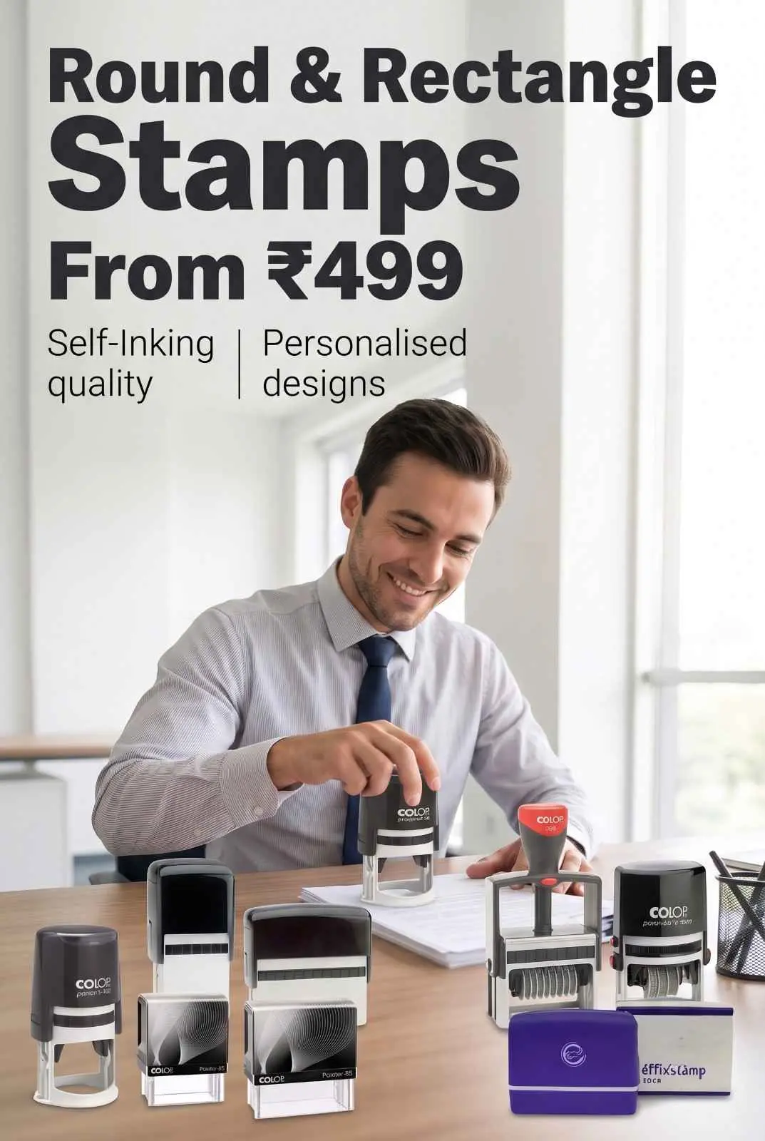 Automated Self-Inking Round and Rectangle Rubber Stamps Smiling clerk applying round self-inking stamp to paper on desk with full assortment of commercial Trodat and Colop stampers
