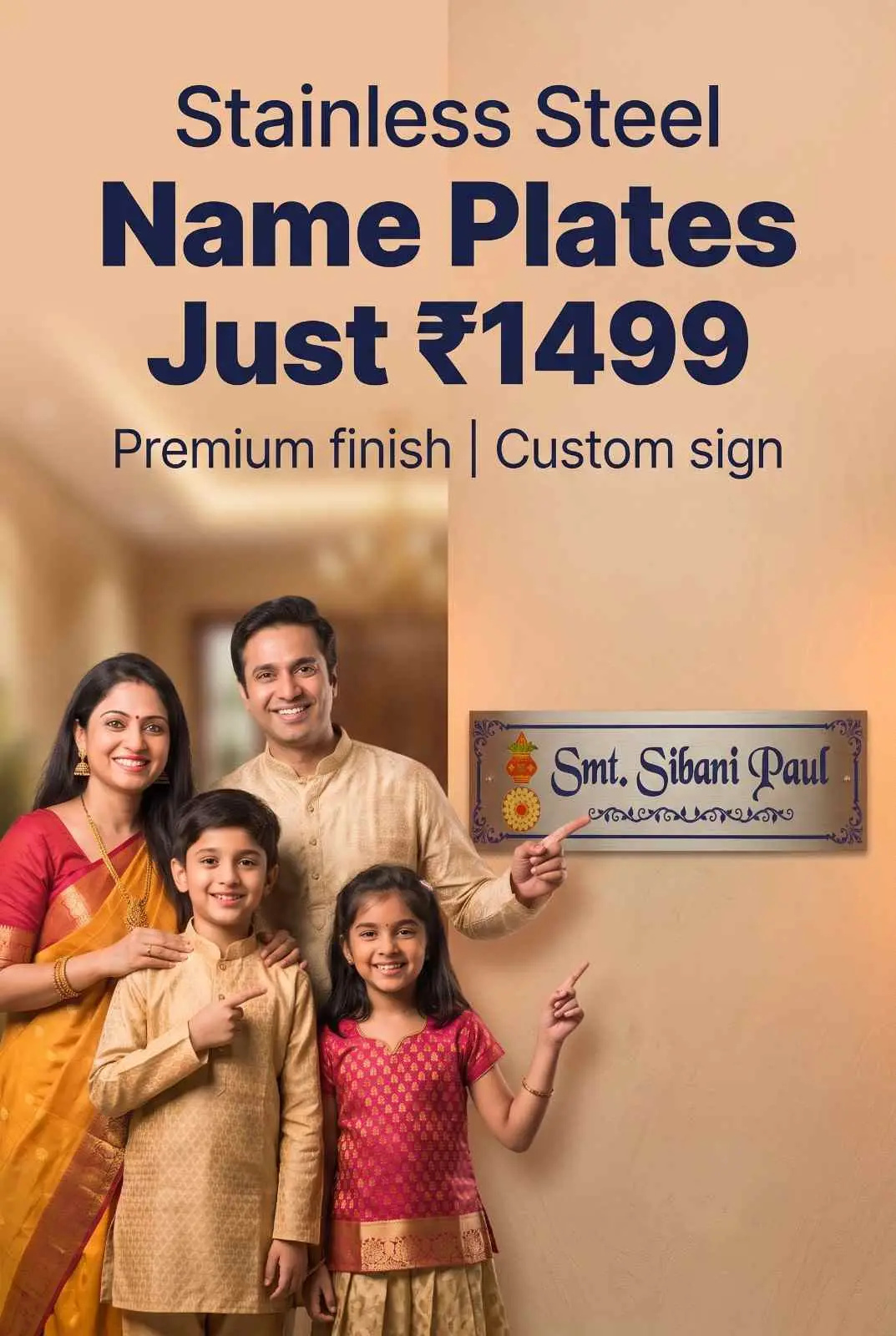 Custom Stainless Steel Name Plates for Home Entrance Indian family wearing traditional clothing smiling beside brushed stainless steel house name plate with custom name engraving