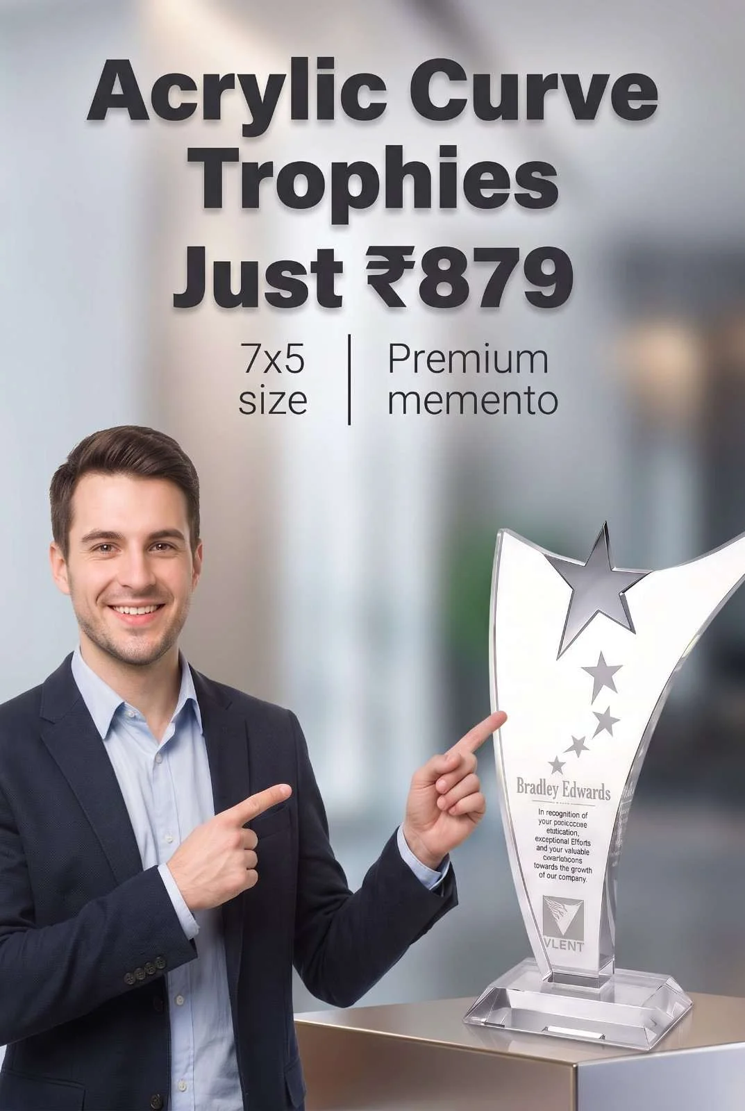 Star Embellished Curved Acrylic Trophies for Employee Recognition Smiling young corporate professional in suit pointing to tall beveled acrylic star curve trophy on presentation pedestal