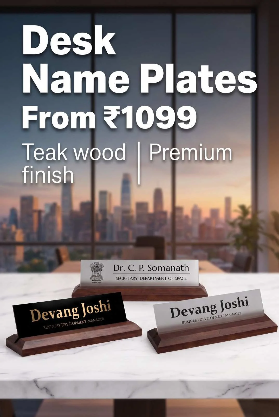 Natural Teak Wood Base Desk Name Plates with Metal Inserts Premium teak wood desk name plates featuring silver metal and gold lettering inserts arranged on office table with city view