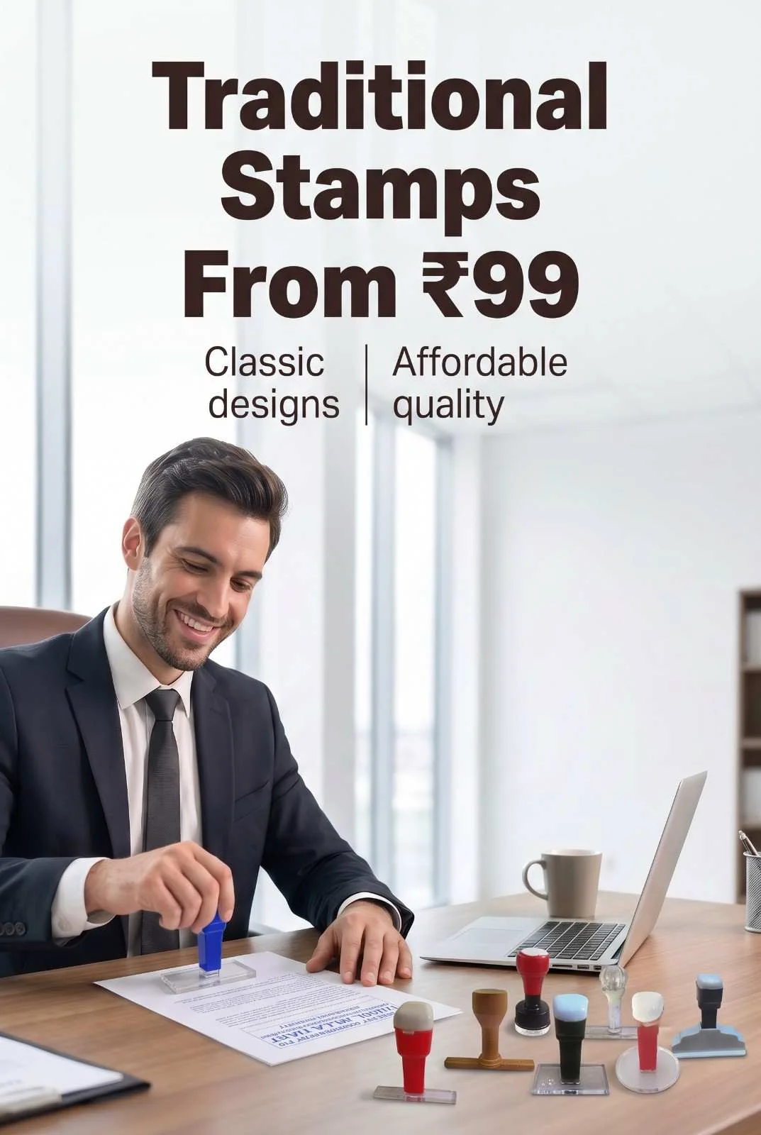 Traditional Wooden Handle Rubber Stamps for Business Verification Office clerk stamping invoice with classic blue handle traditional rubber stamp alongside wooden stamp collection
