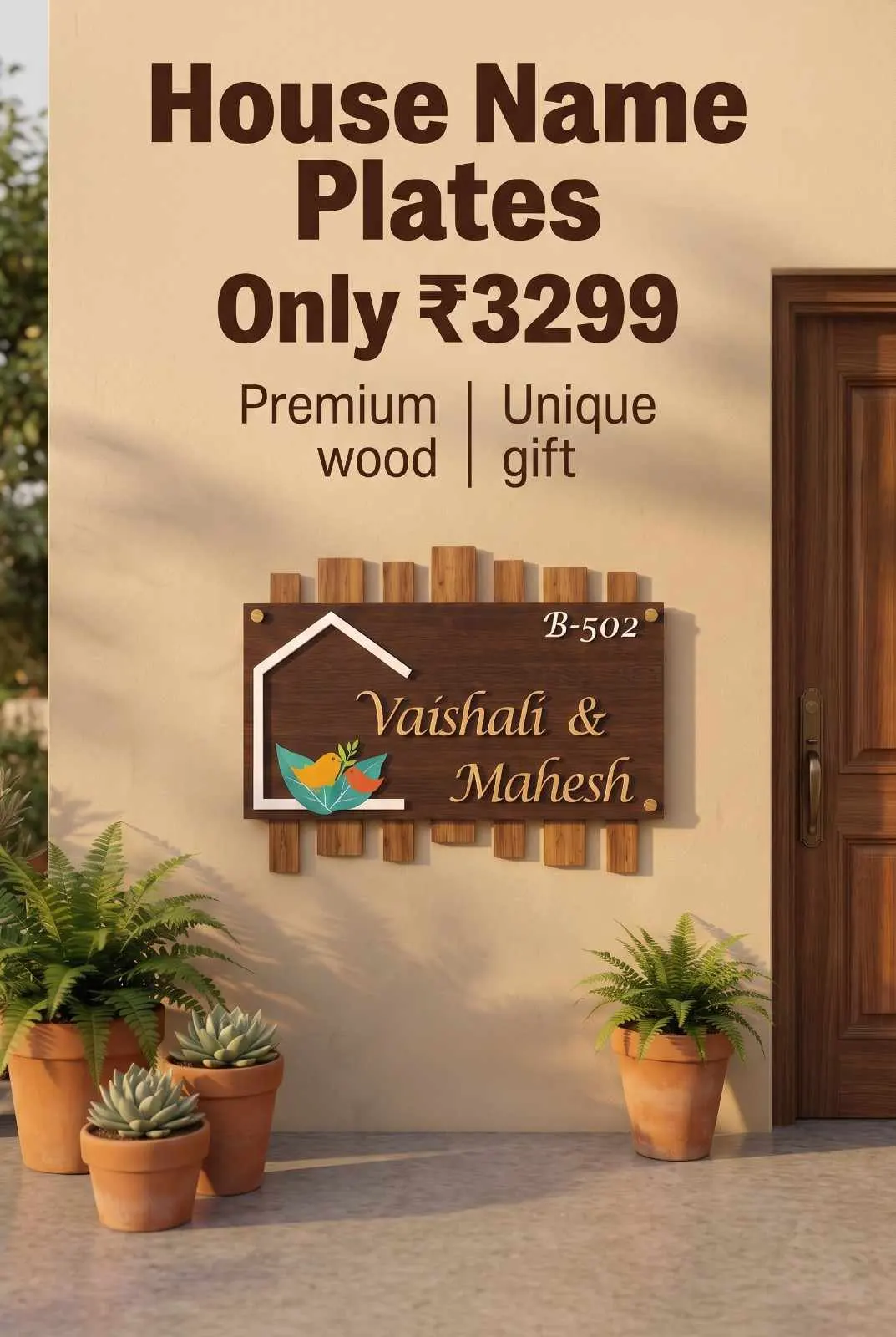 Personalized Wooden House Name Plate Gift for New Home Artisanal dark wood house name plate with custom script lettering and decorative bird artwork installed beside front door