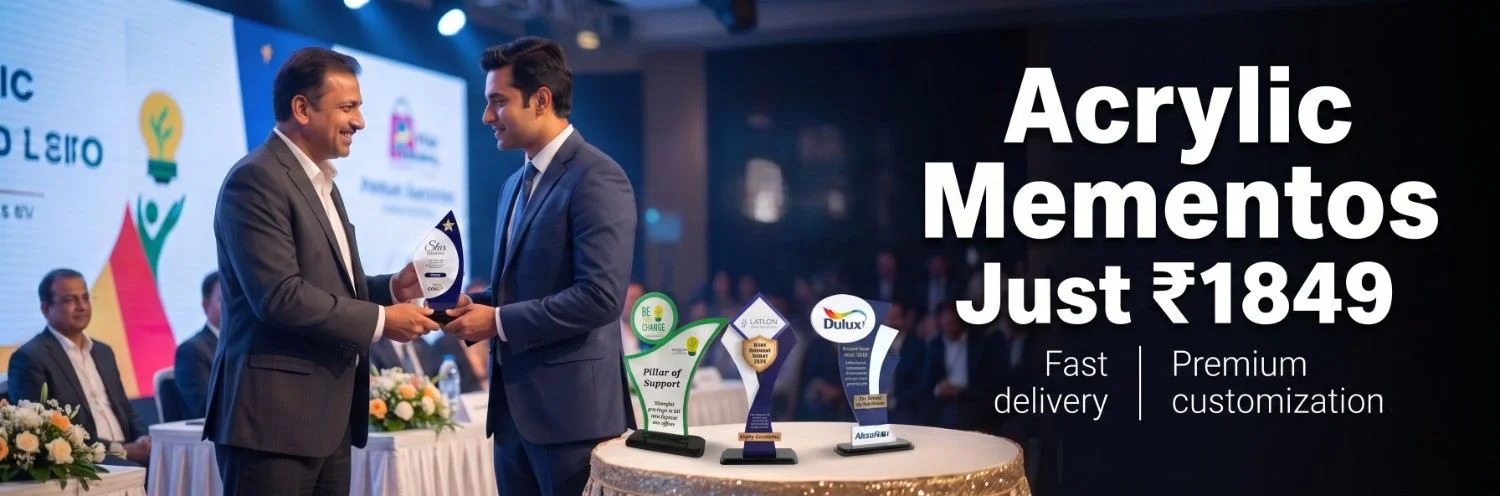 Premium Corporate Acrylic Mementos and Achievement Awards Corporate award presentation on stage highlighting sleek customized acrylic trophies and achievement mementos