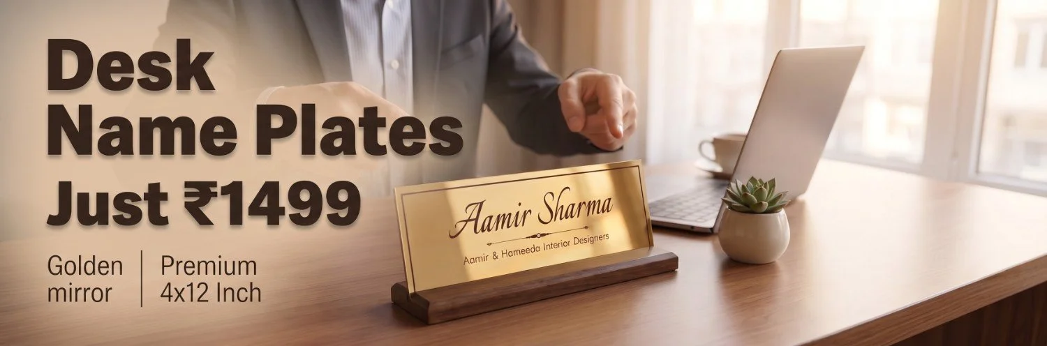 Executive Golden Mirror Desk Name Plate for Office Table Premium golden mirror finish acrylic desk name plate on solid dark wood base displayed on an executive office workstation with laptop