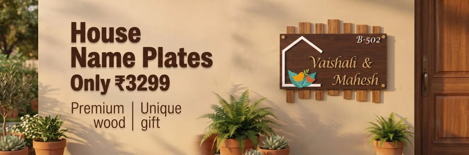 Custom Wooden House Name Plate with Laser Engraved Family Name Handcrafted natural wooden house name plate featuring custom engraved family names with bird motifs mounted on modern exterior wall