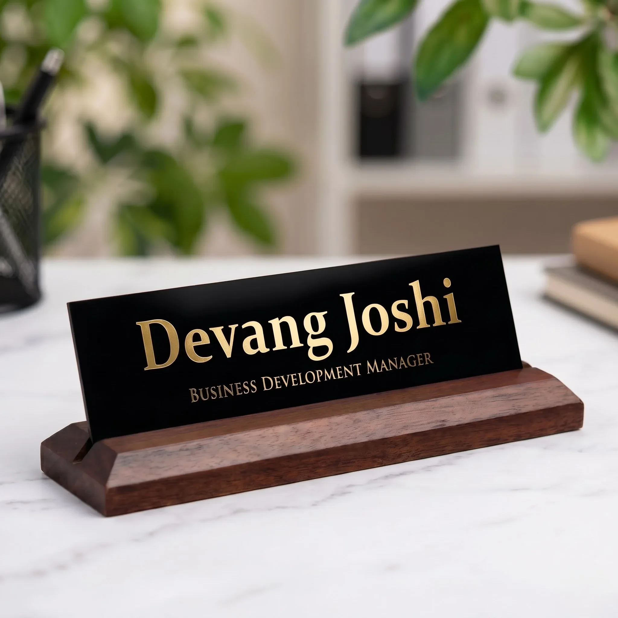 Excelus Office Desk Name Plate Classic - Premium Teak Wood Base & Laser Engraved Acrylic Sign