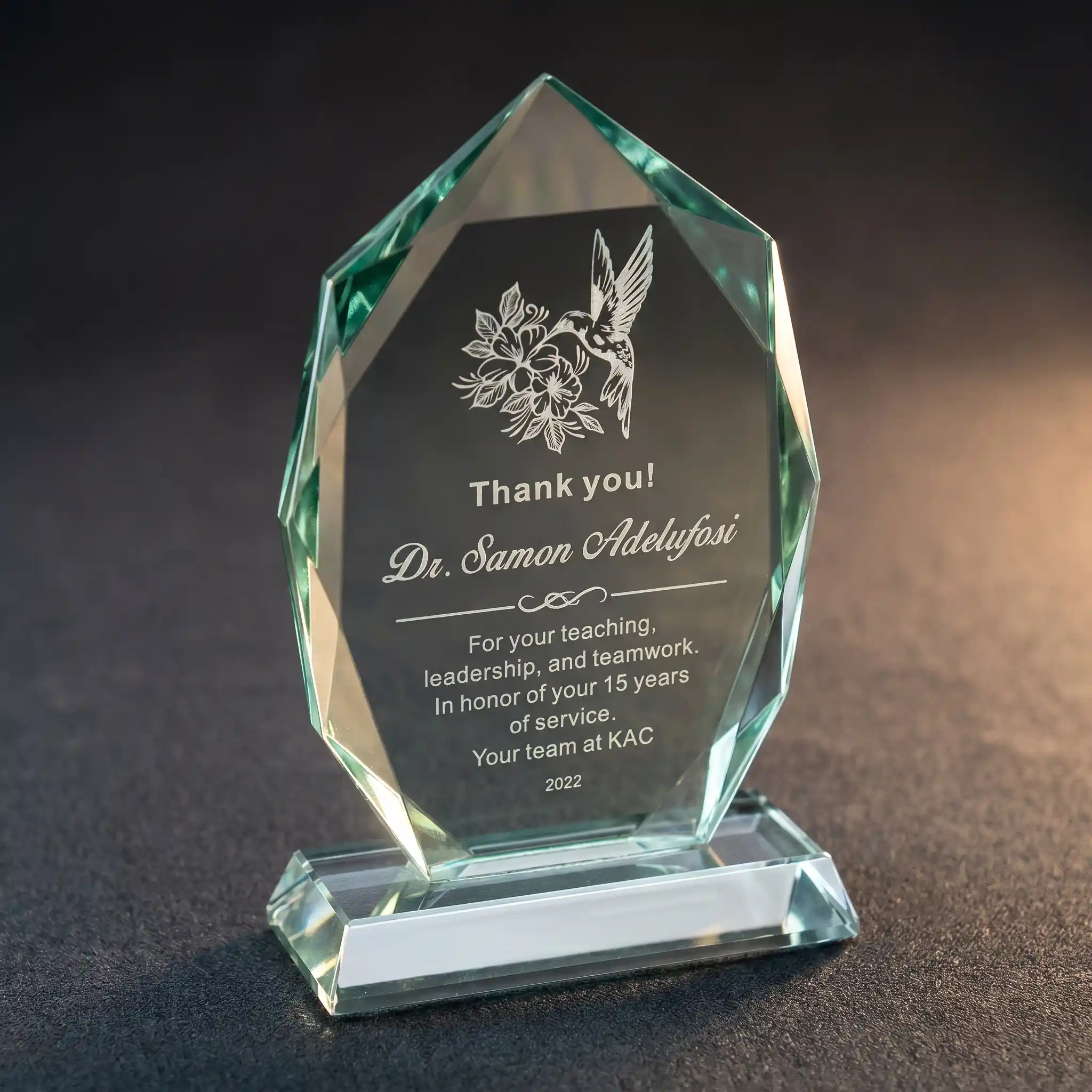 Corporate Acrylic Trophy - Faceted Glass Gratitude & Recognition Plaque