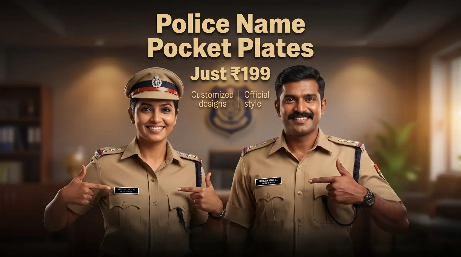 Official Police Uniform Pocket Name Plates with Custom Engraving Male and female police officers in uniform pointing proudly to their custom engraved black pocket name plates
