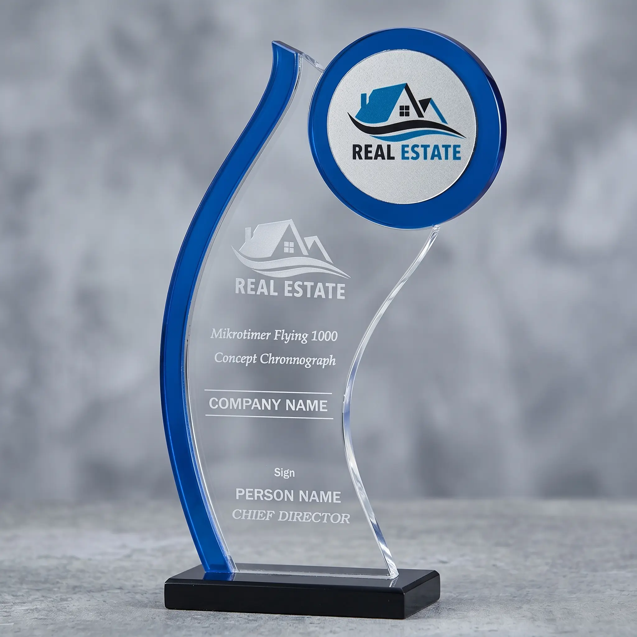 Corporate Acrylic Trophy - Curved Blue Glass Corporate Milestone Award