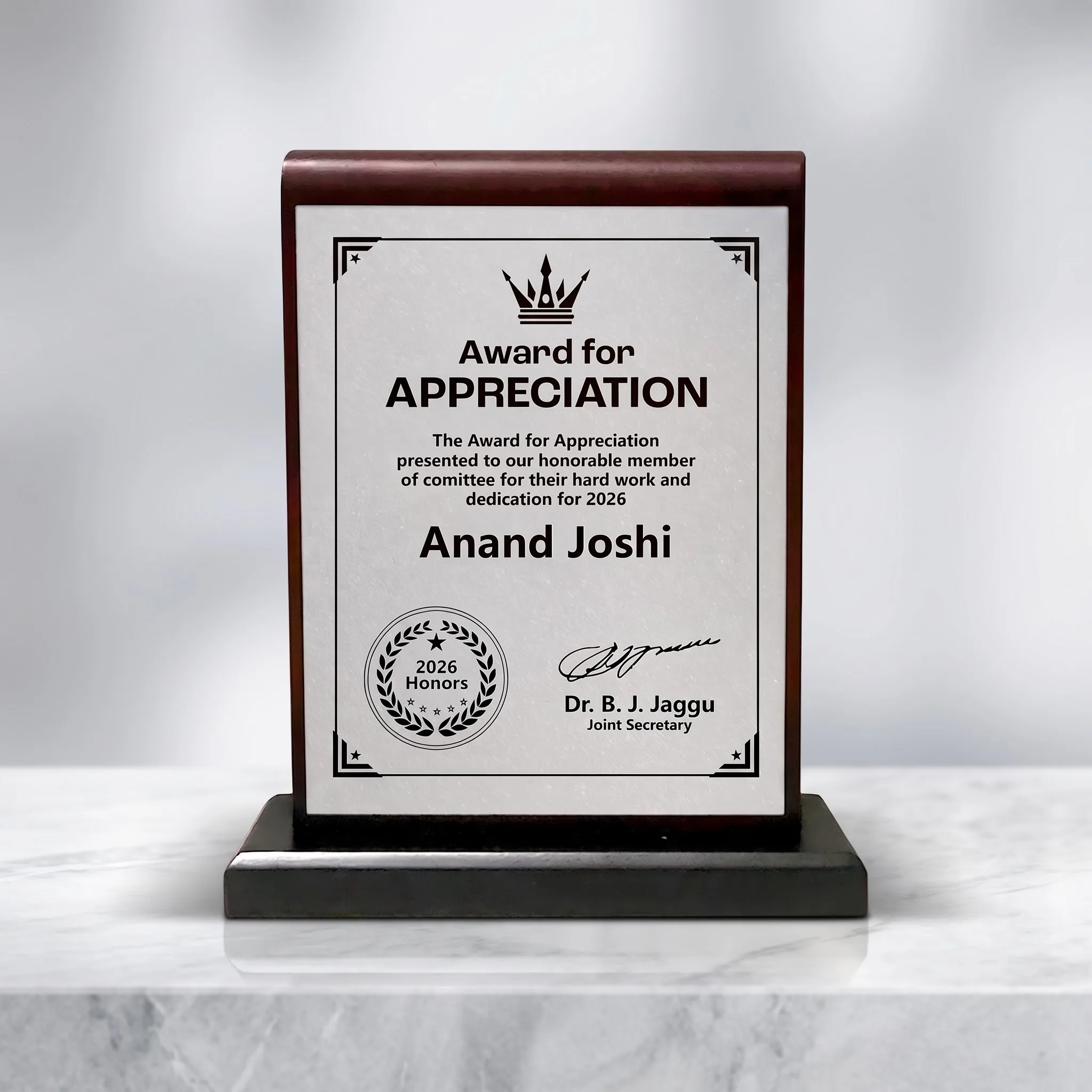 Premium Standard Acrylic Mementos - Dark Wood & Beveled Glass Appreciation Plaque